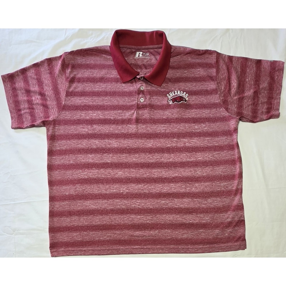 Russell Arkansas Razorbacks Polo Mens 2XL Red Striped Short Sleeve Golf Shirt